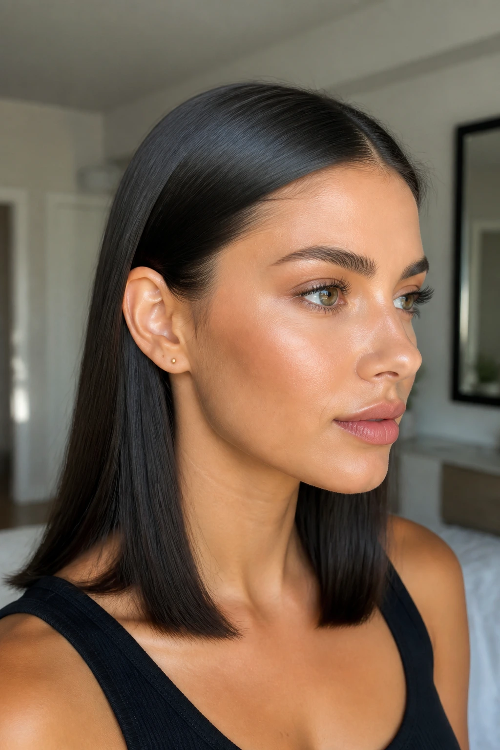 Portrait of person with sleek straight hair tucked behind ears