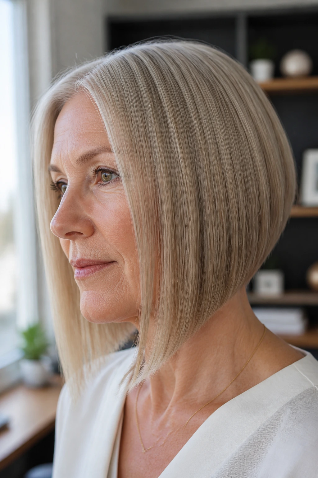 Real woman with a sleek straight wedge haircut in a modern home office.