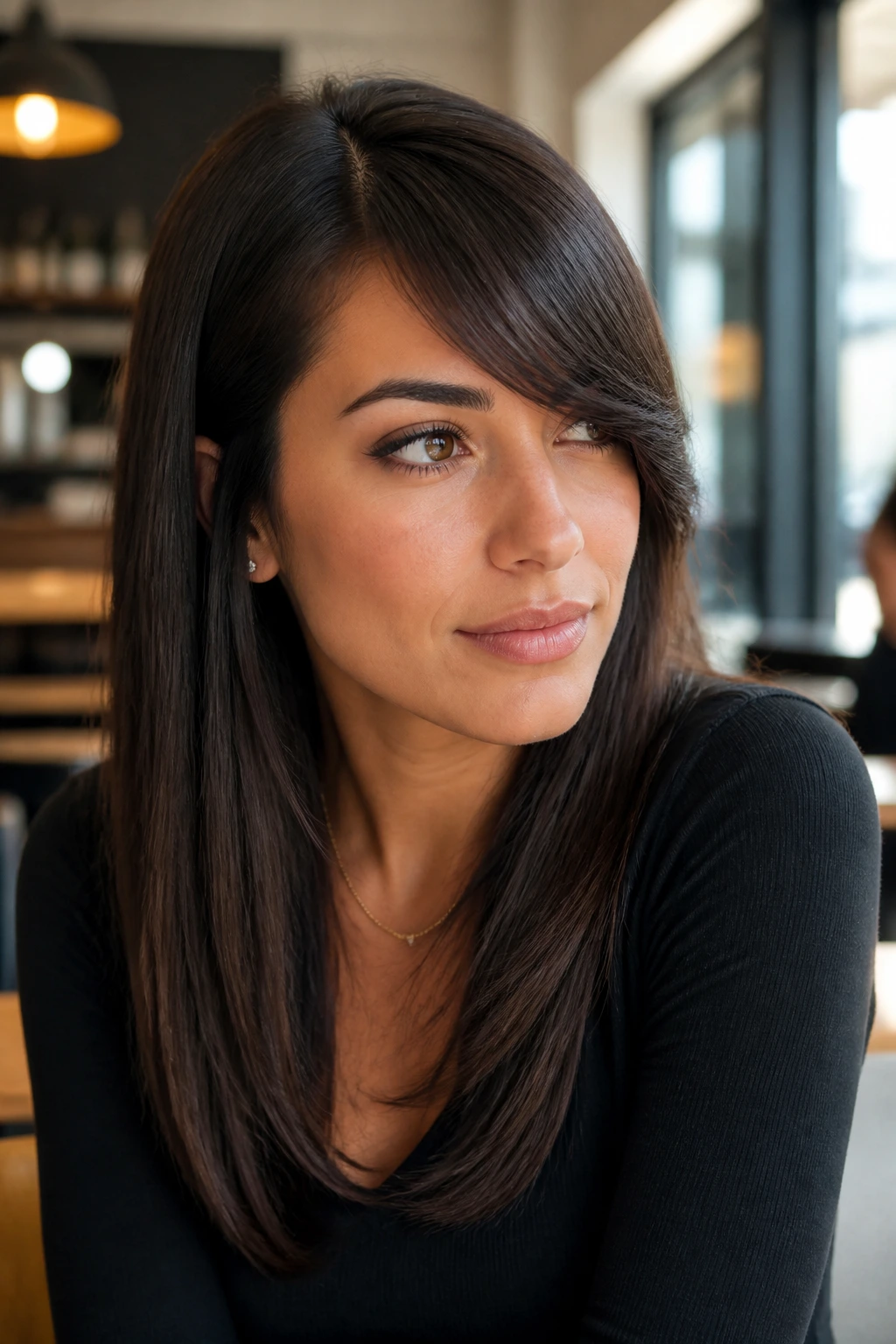 Real woman with sleek swoop bangs in straight hair close-up portrait