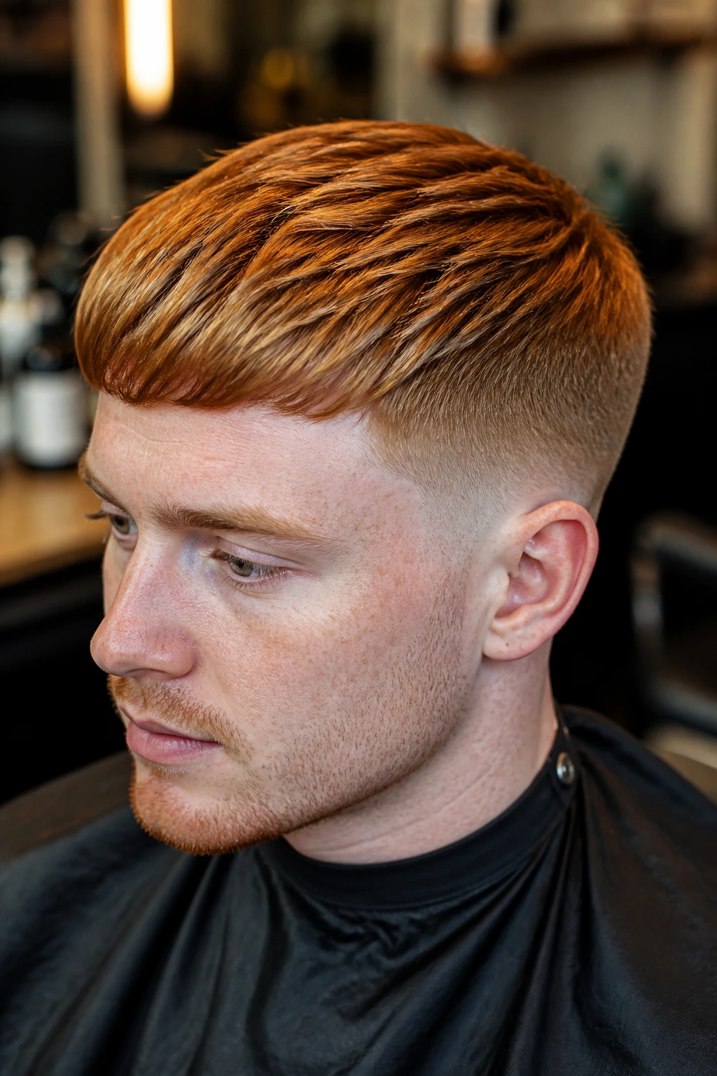 Close-up of man with Sleek Tapered Crop with Glossy Finish, copper-gold highlights.