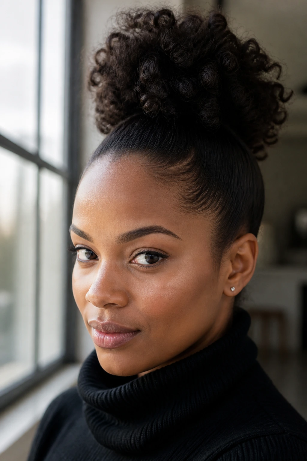 Real person with high sleek top puff hairstyle in window-lit setting.
