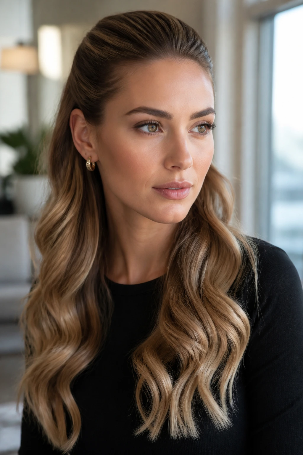 Portrait of a woman with sleek top section and loose S-waves