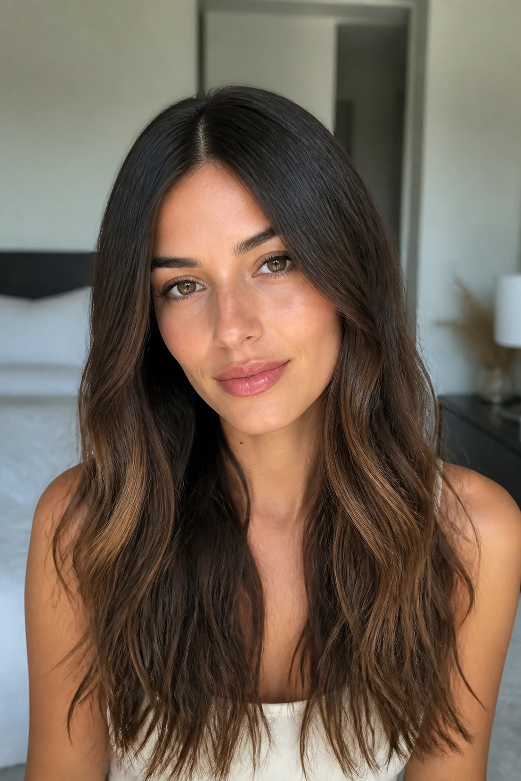 Portrait focusing on sleek top section and textured lengths.