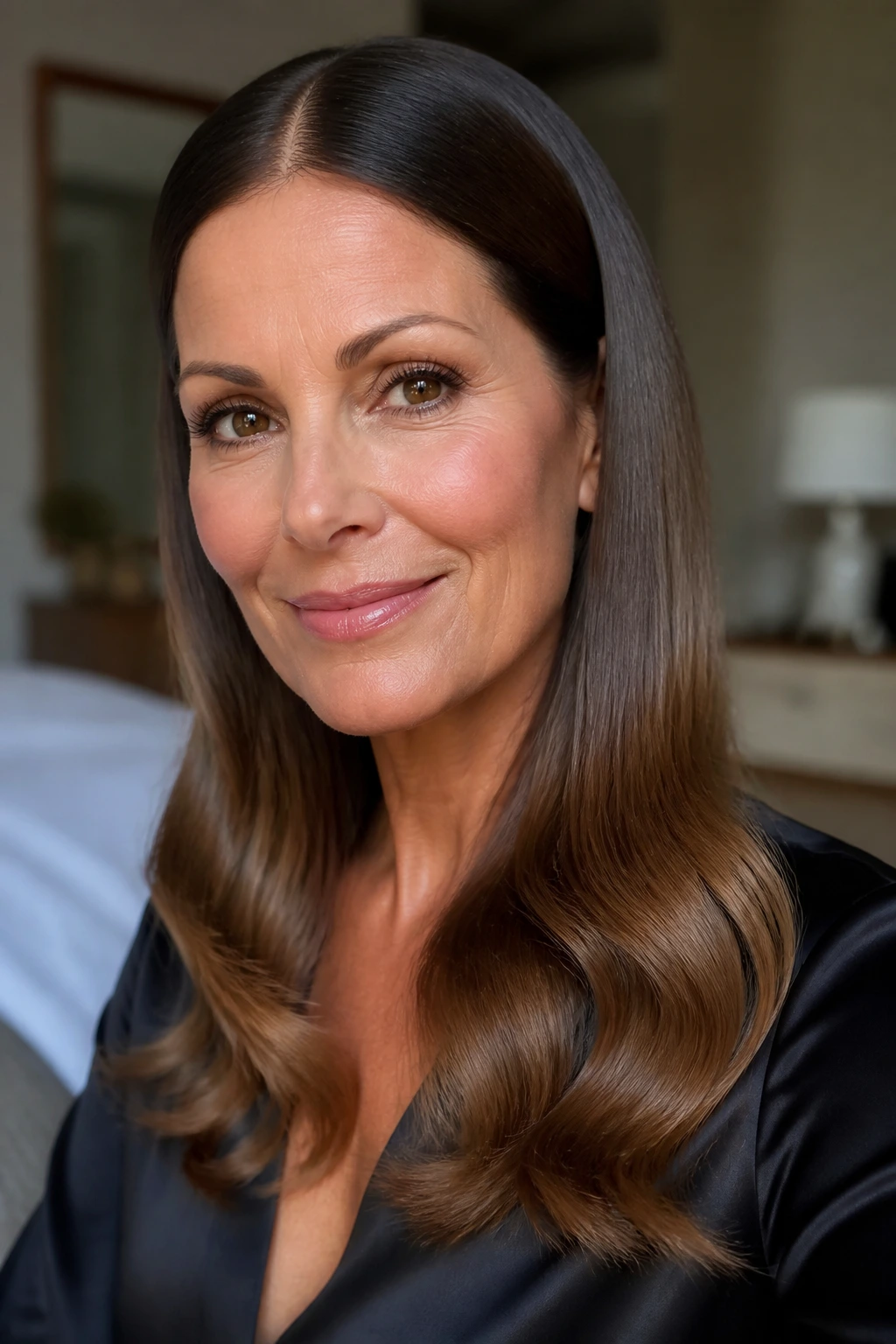 Portrait of a real woman with a sleek top and wavy ends.