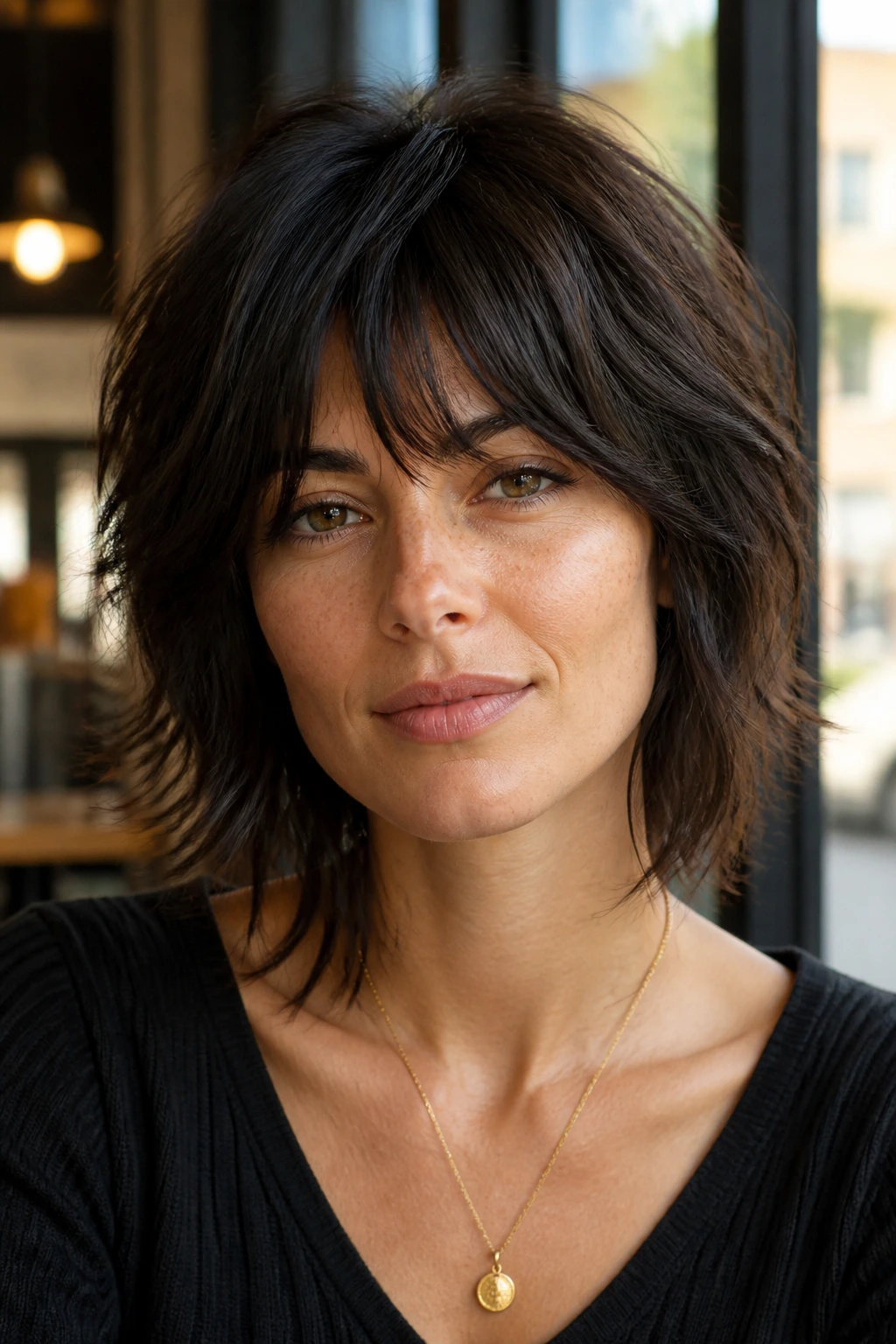 Portrait of a real person with sleek-to-tousled shag in warm cafe lighting.