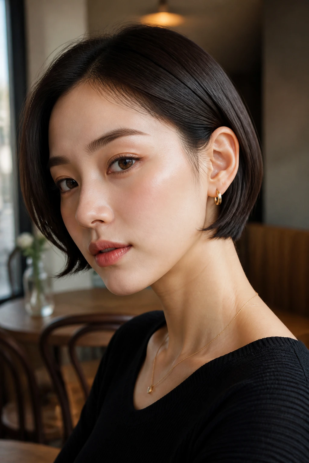 Close-up of a real woman with a sleek bob tucked behind both ears