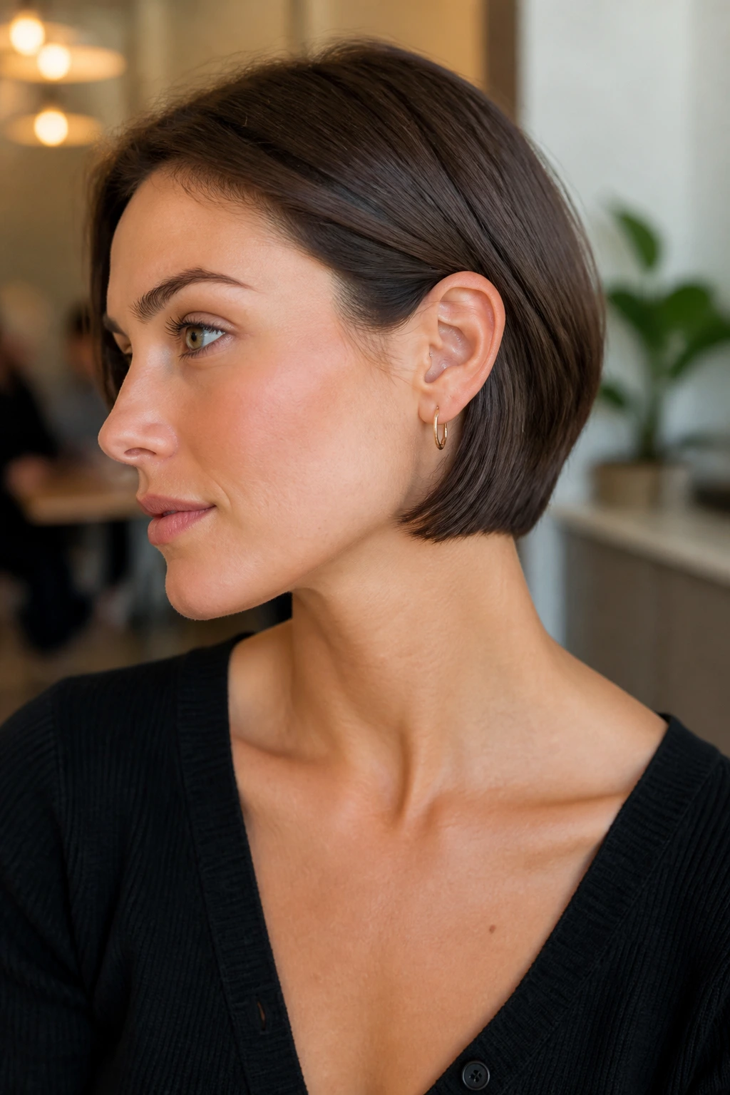 Close-up portrait of a real woman with Sleek Tucked Bob behind the ear