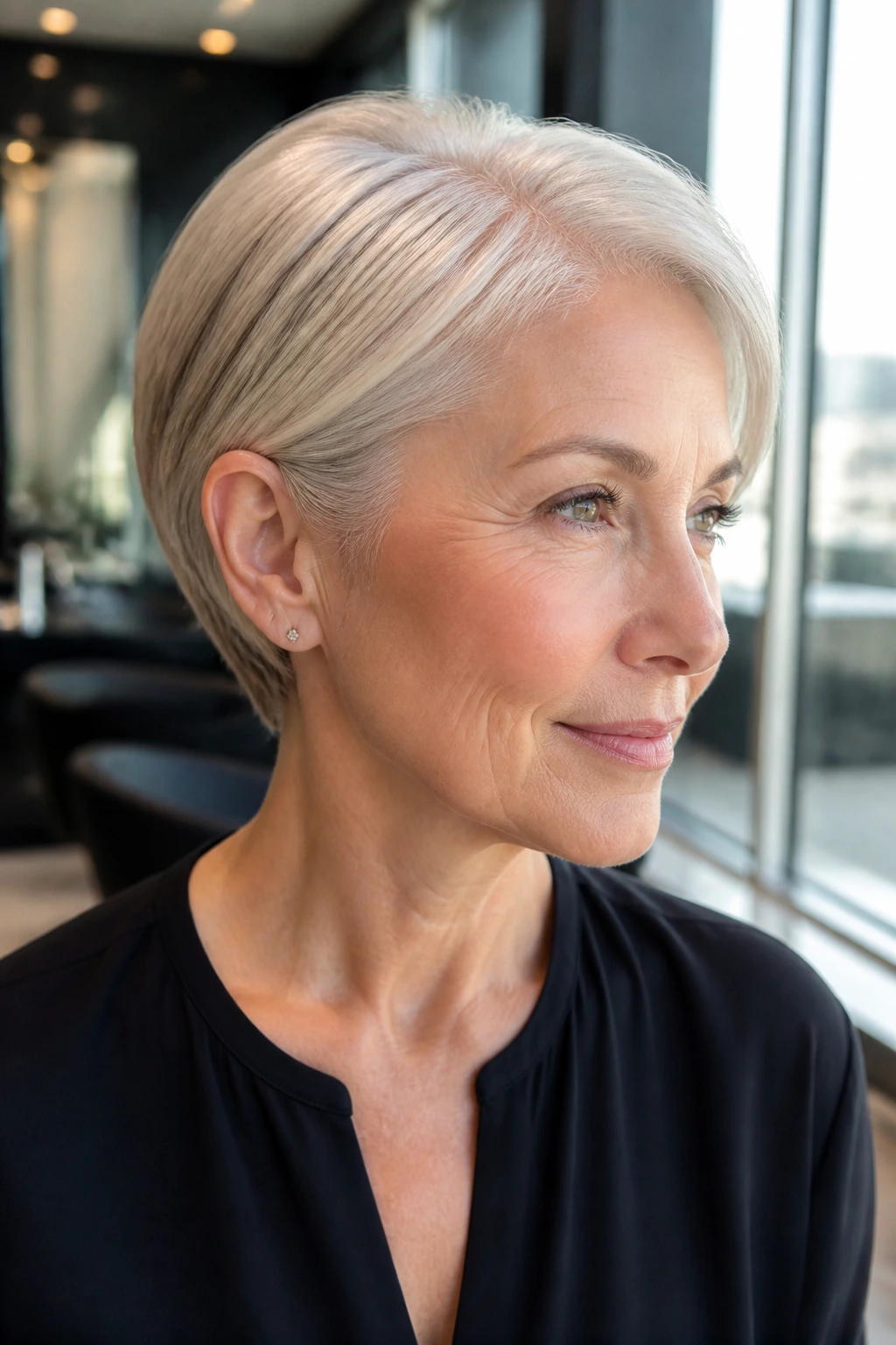 Close-up portrait of a real woman with Sleek Tucked Crop on white hair with fine babylights
