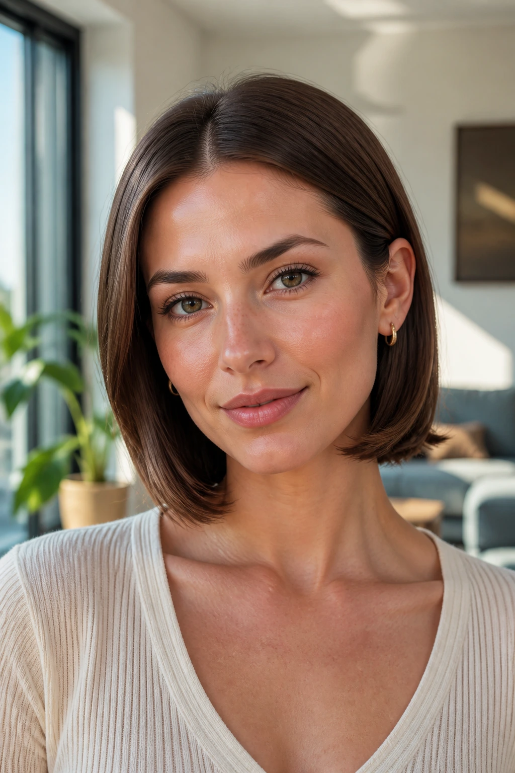 Close-up of a real woman with a sleek-tucked lob hairstyle