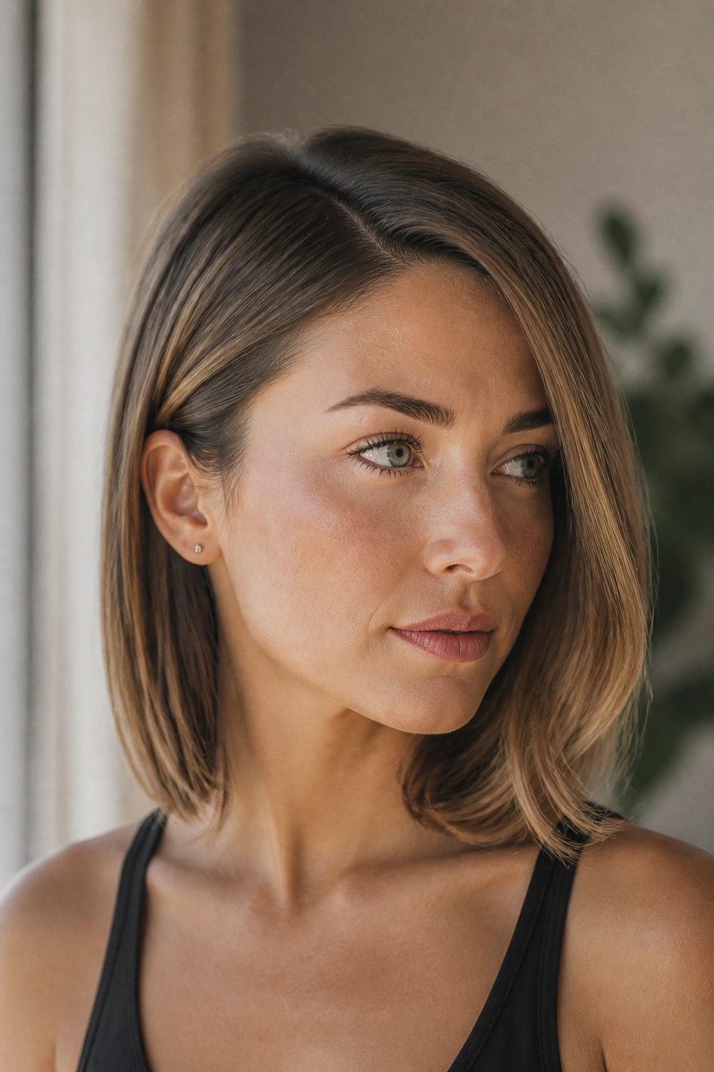 Close-up portrait of a real woman with a sleek tucked lob