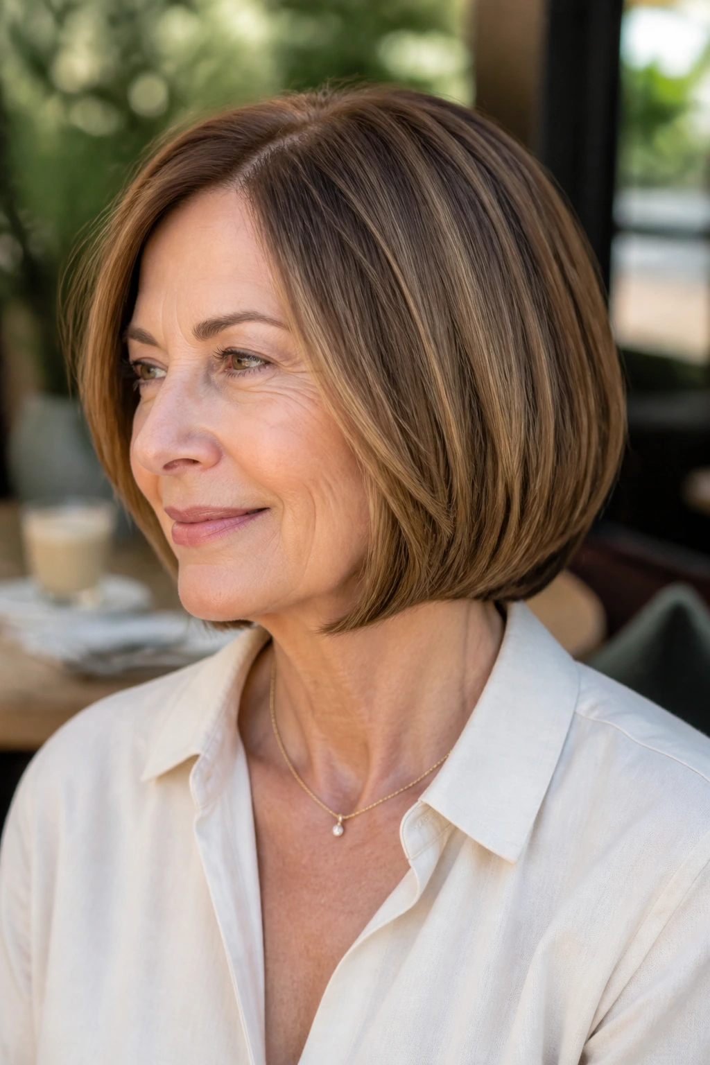 Close-up of a real woman with a sleek tucked-under bob in daylight cafe setting.