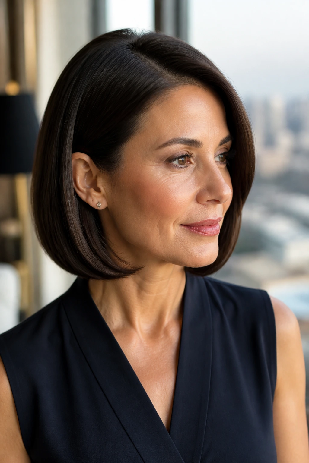 Close-up of a woman with a sleek tucked-under bob under glassy light