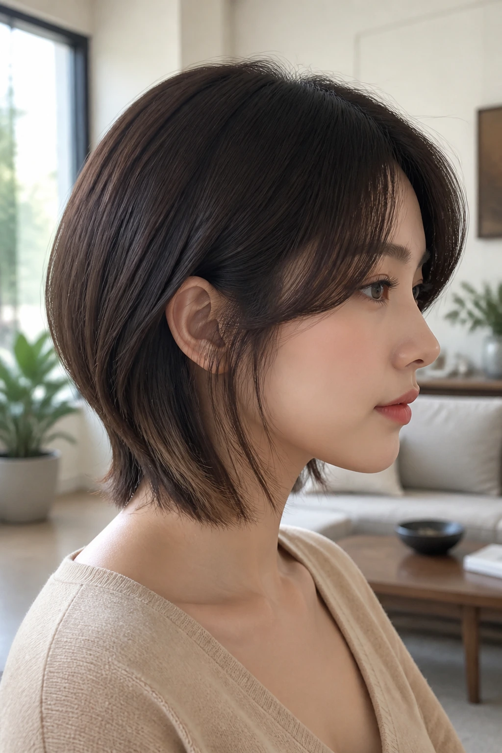Close-up of a real woman with a sleek top layer and underlayers in a chic living room