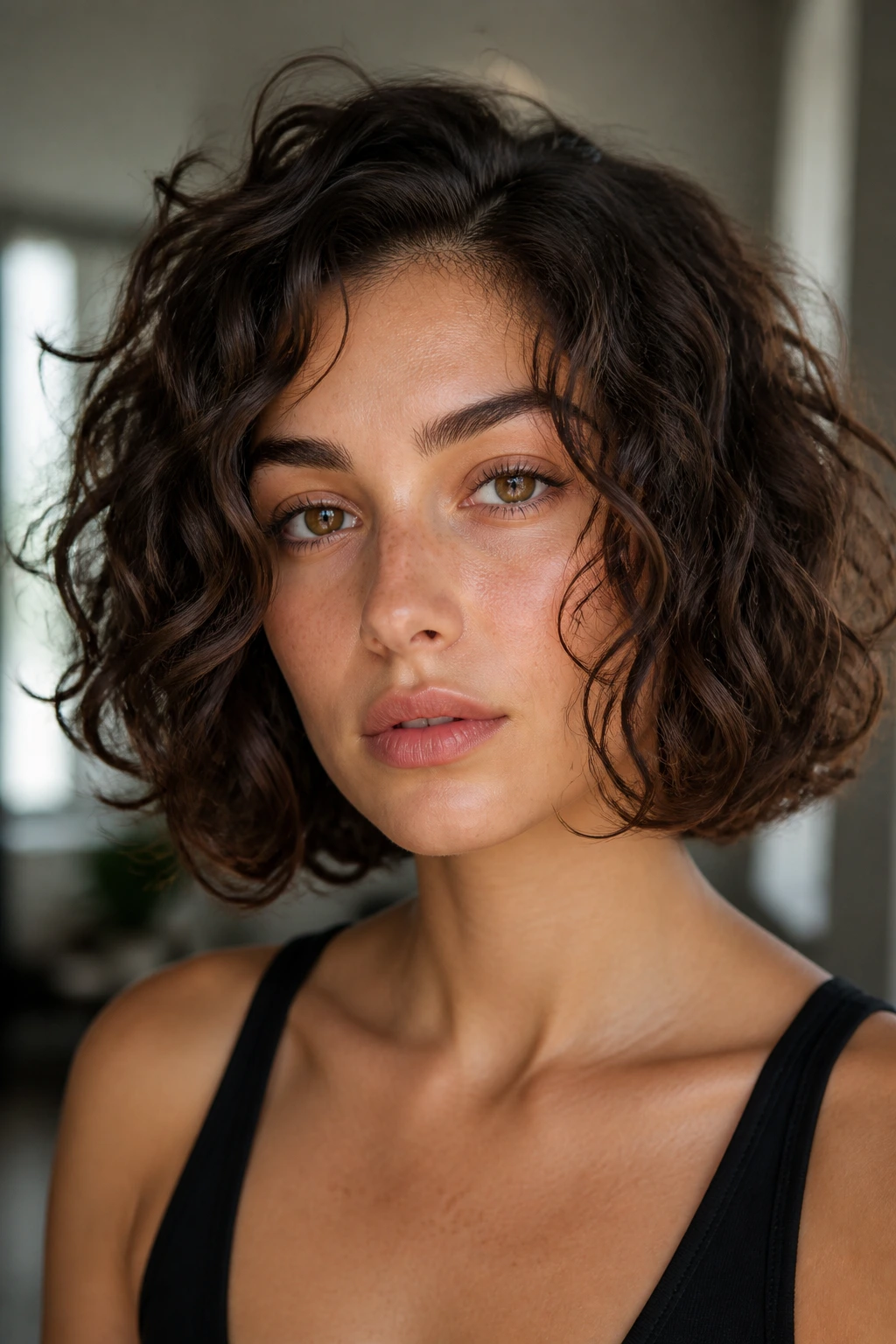 Close-up of a real woman with a sleek-undone bob showing glossy separated curls.