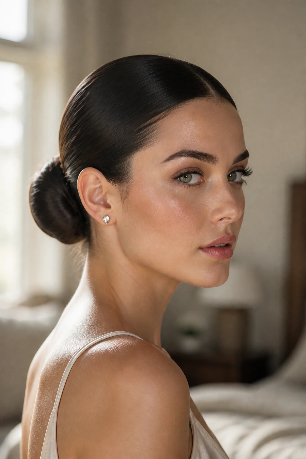 Close-up of a real woman with a sleek updo at the nape