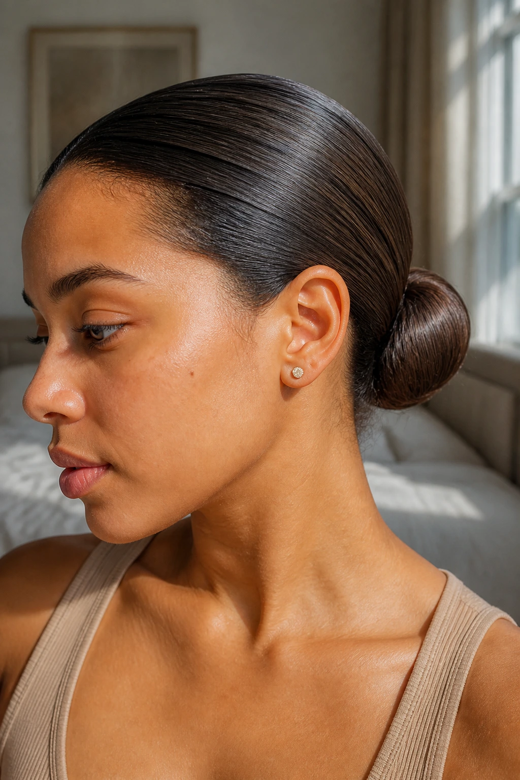 Close-up portrait of a real woman with a sleek low bun, glossy hair