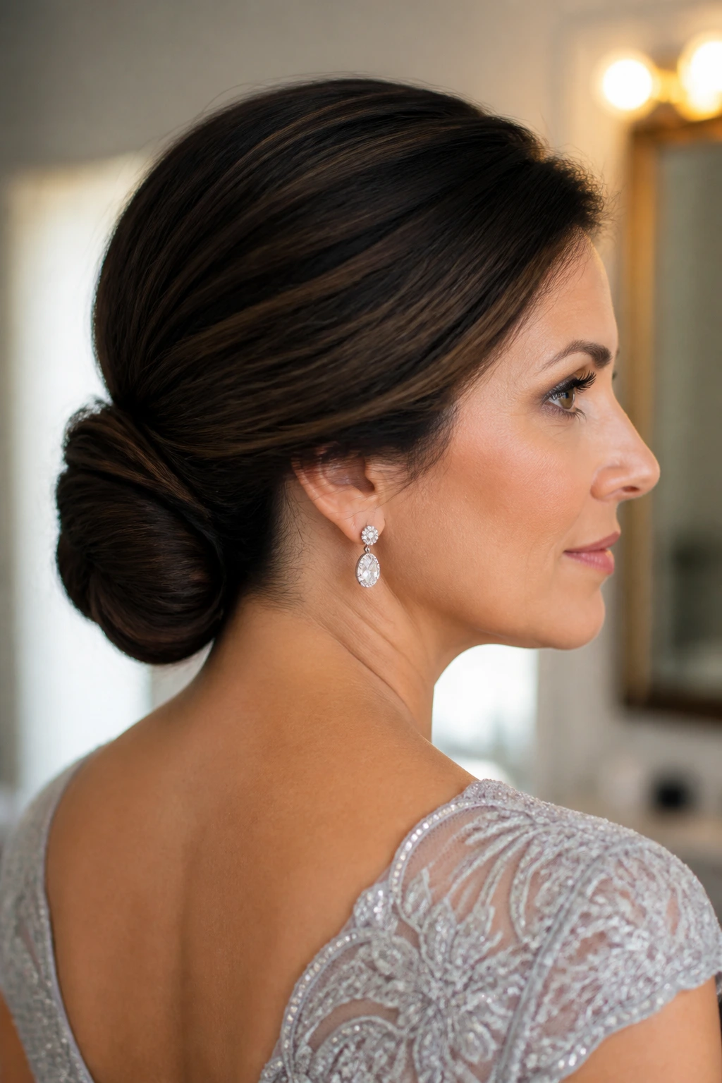 Close-up of a real woman with a sleek low bun, finish that feels like her own hair
