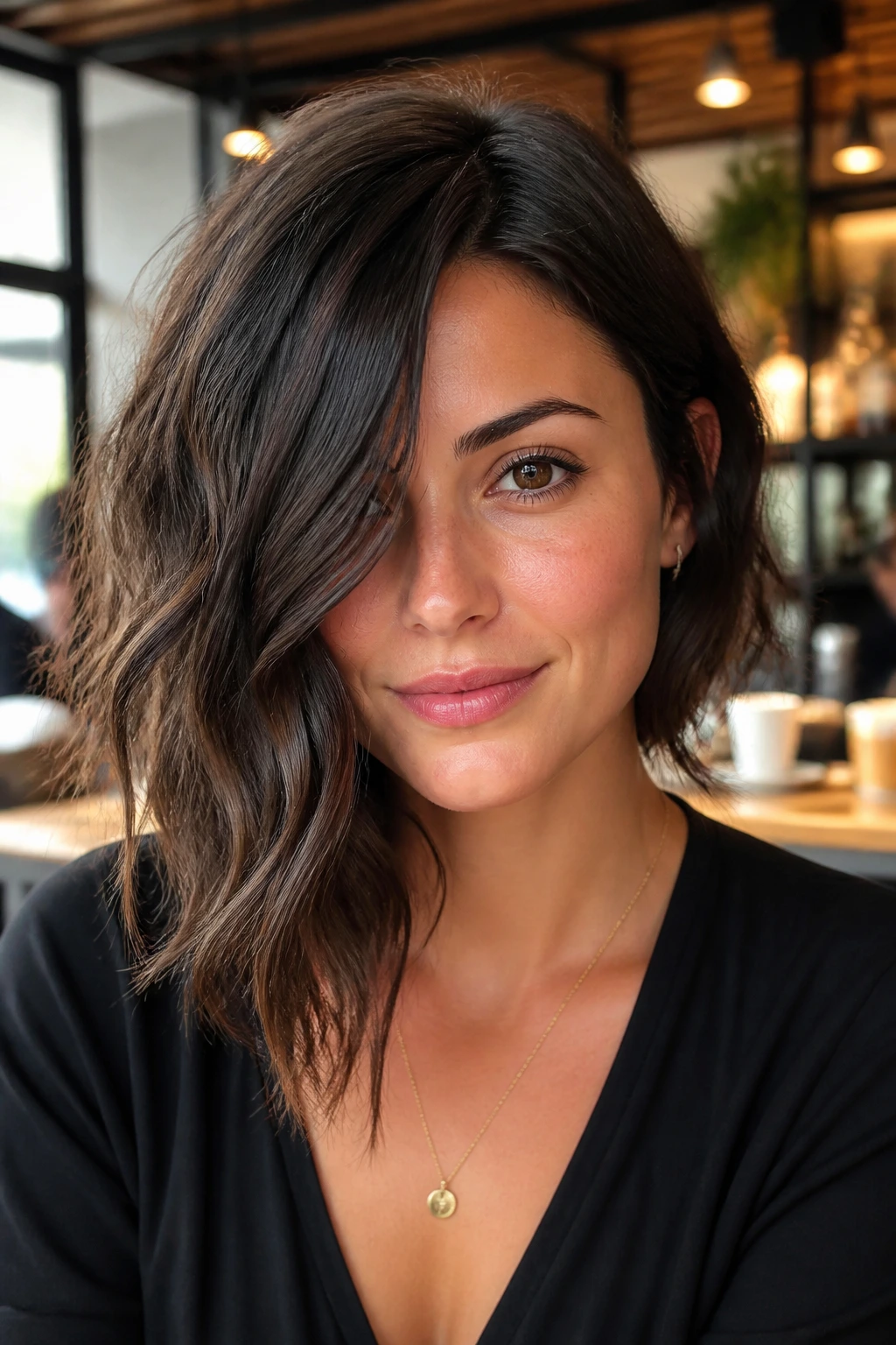 Close-up of a real woman with a sleek wavy asymmetrical bob in a cafe setting