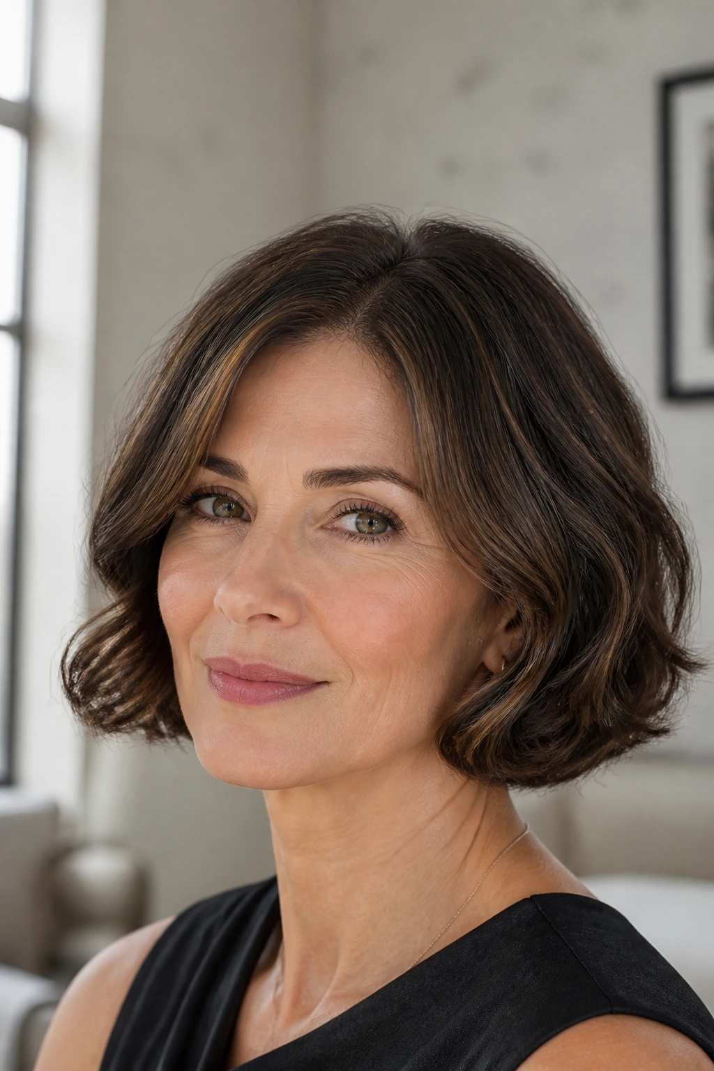 Close-up portrait of a real woman with a sleek wavy bob and tucked ends, natural window light