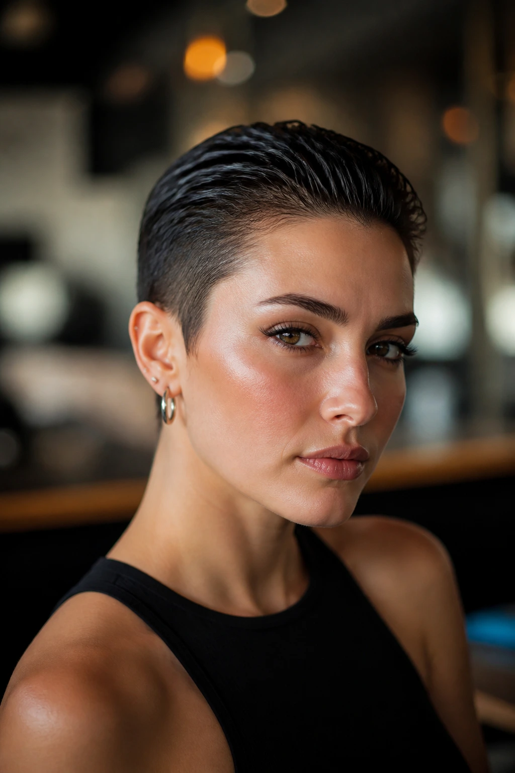 Real person with a sleek wet-look crop, shiny gelled hair