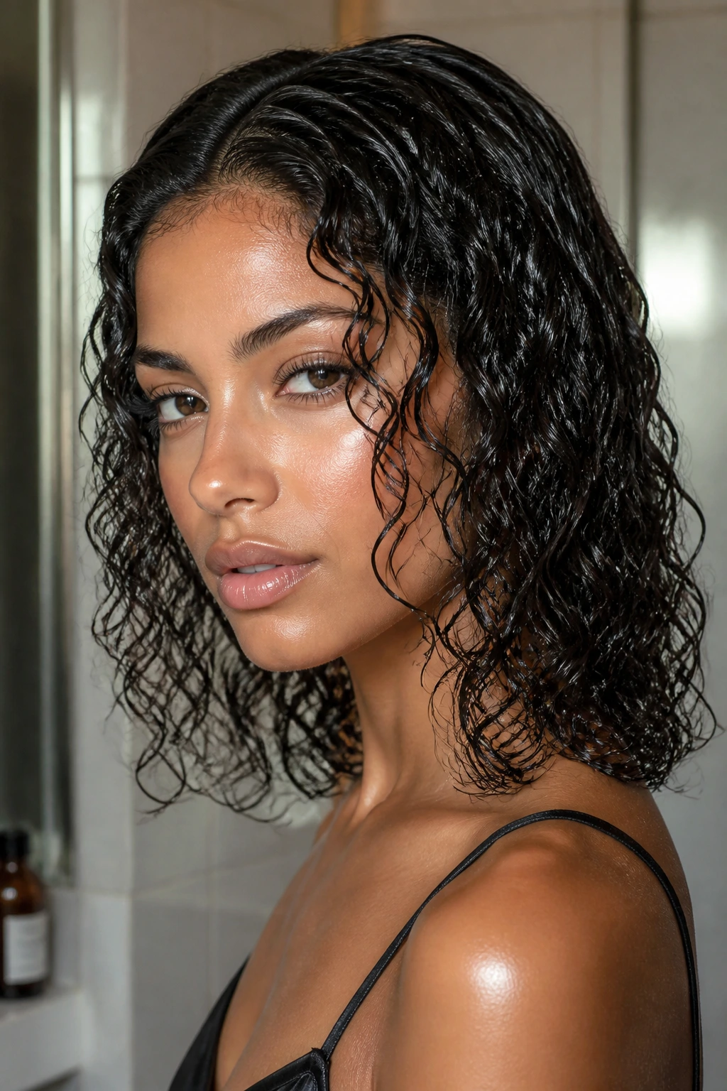 Real woman with sleek wet look curls and defined ends in a window-lit bathroom