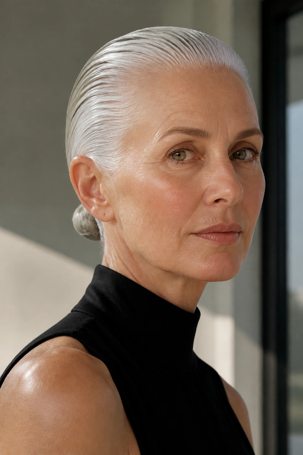 Real woman with sleek wet-look hair tucked behind the ears
