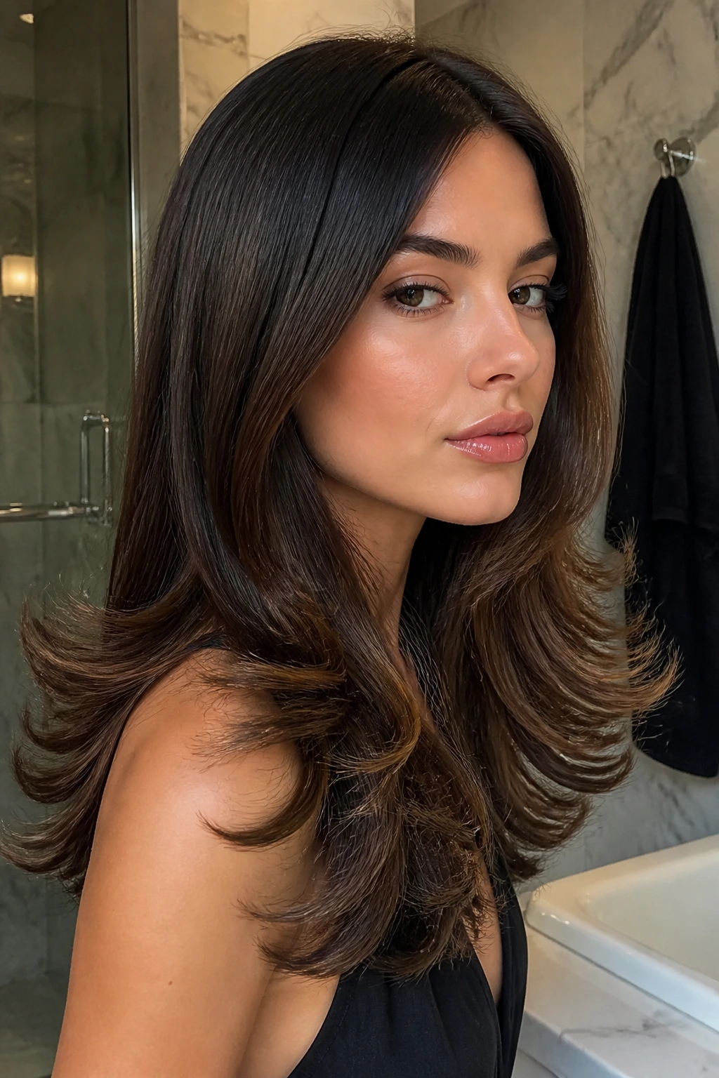 Portrait of a real woman with sleek root and big end shape in thick hair
