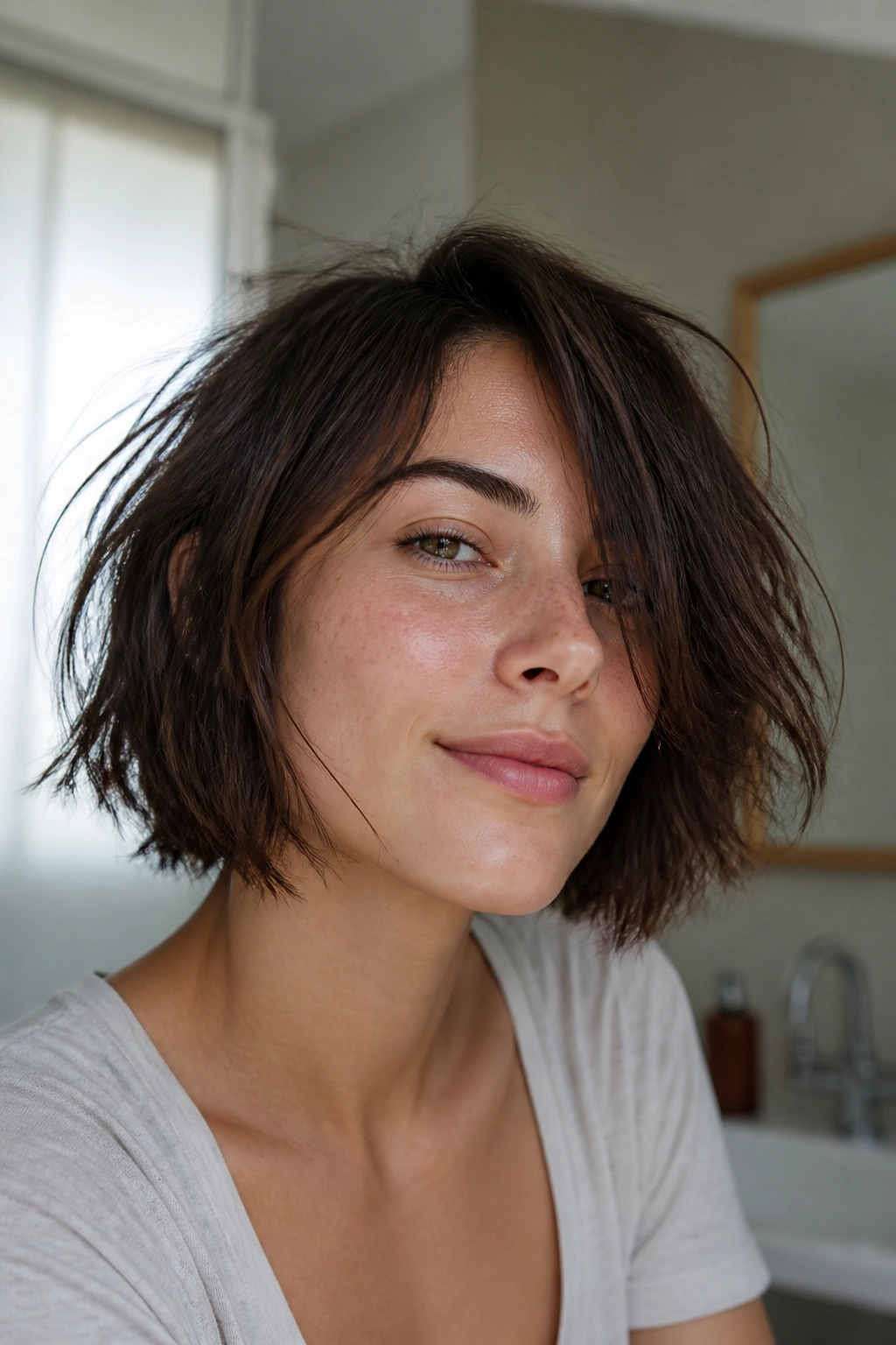 Close-up of a real woman with slept-in bob and tousled fringe