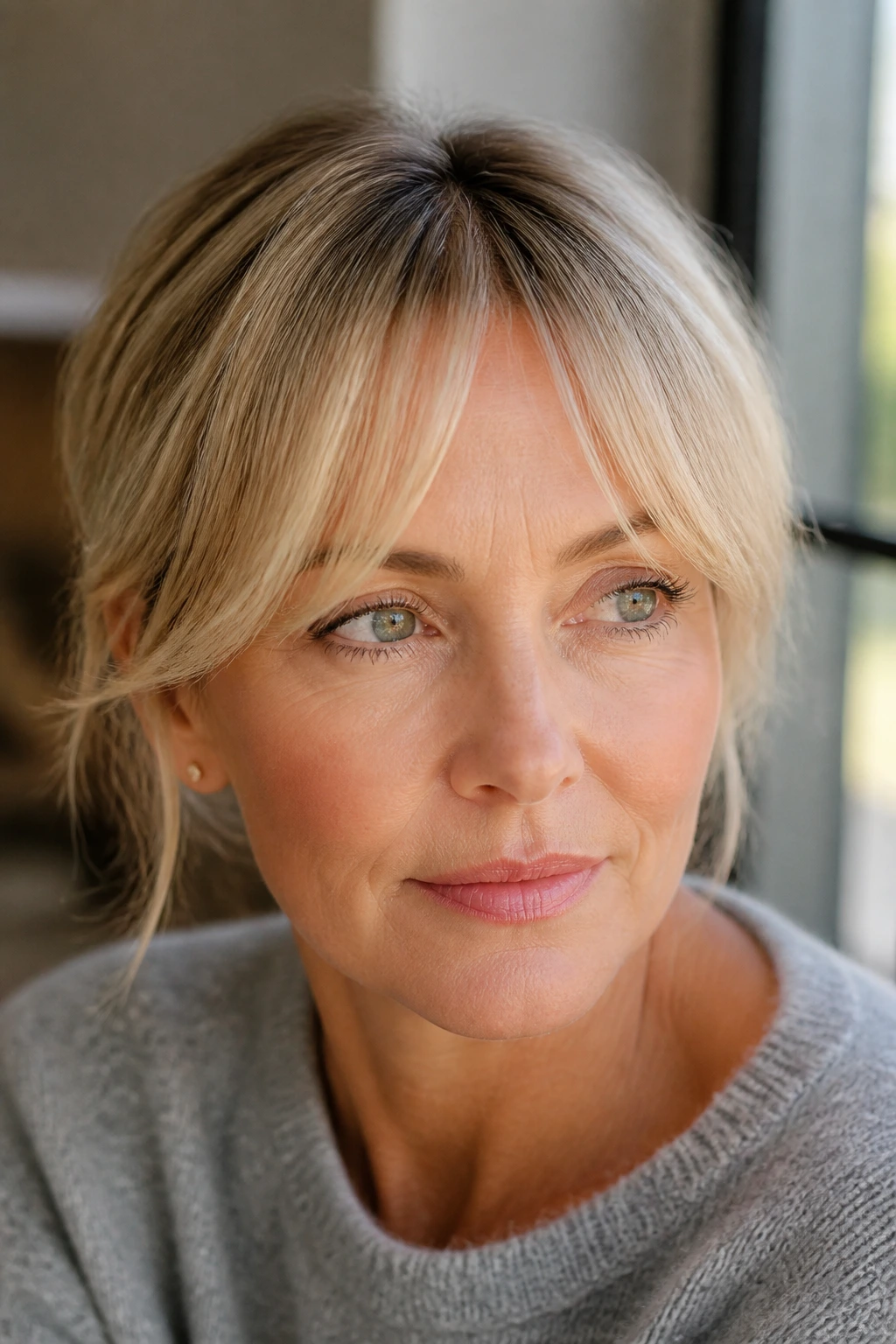 Close-up of a woman with sliced bangs and a center part