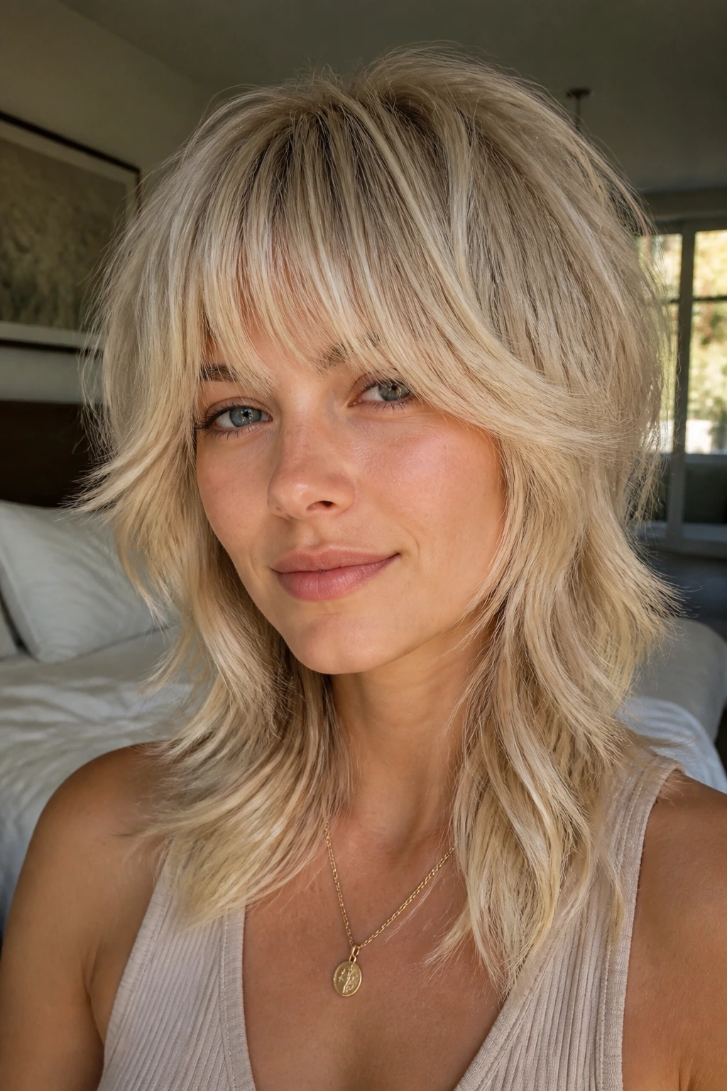 Close-up of real woman with sliced blonde shag and bright panels