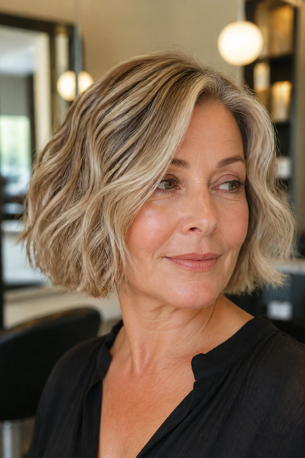 Portrait of a woman with sliced bob and blunt perimeter