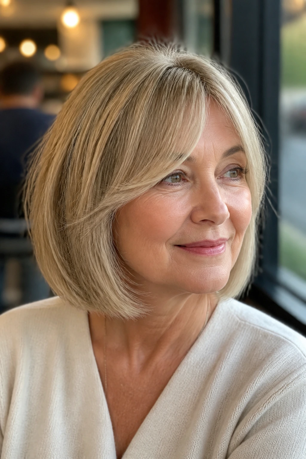 Close-up of a woman with a sliced bob and side-balanced curtain bangs in a cafe setting