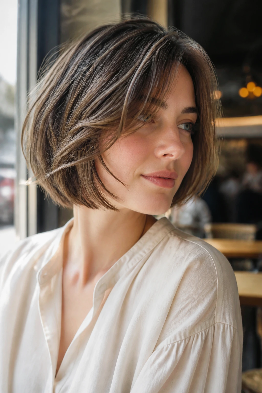 Close-up of real woman with sliced mid-length bob showing feather-light movement in cafe light