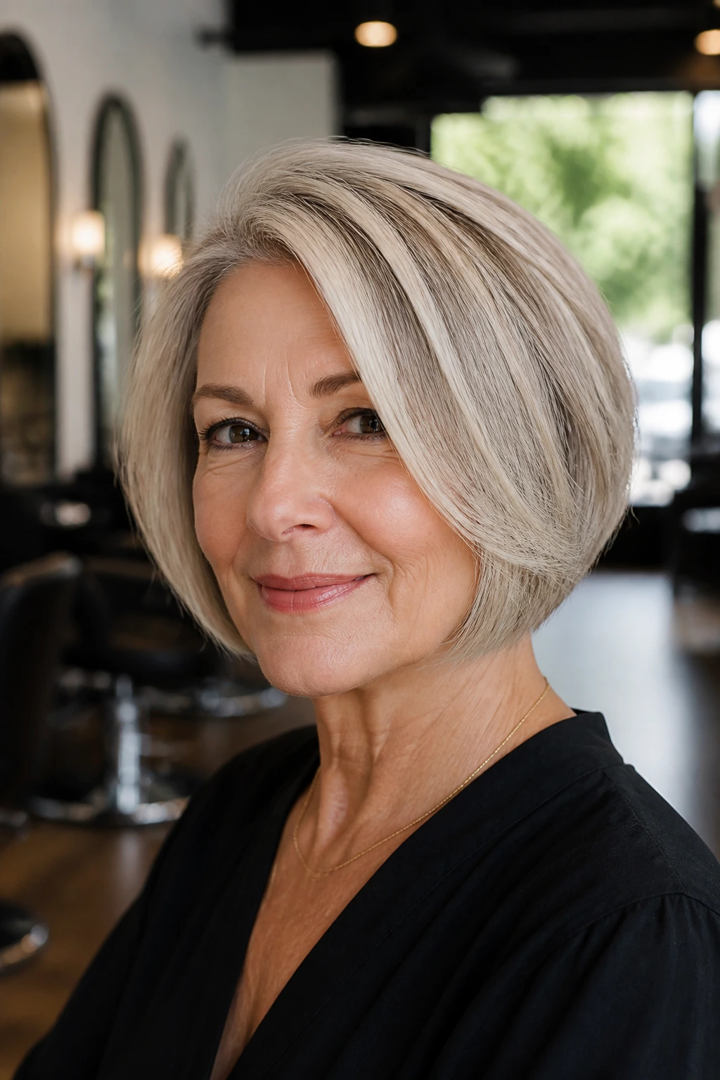 Close-up of a real woman with a side-parted sliced bob in a bright salon