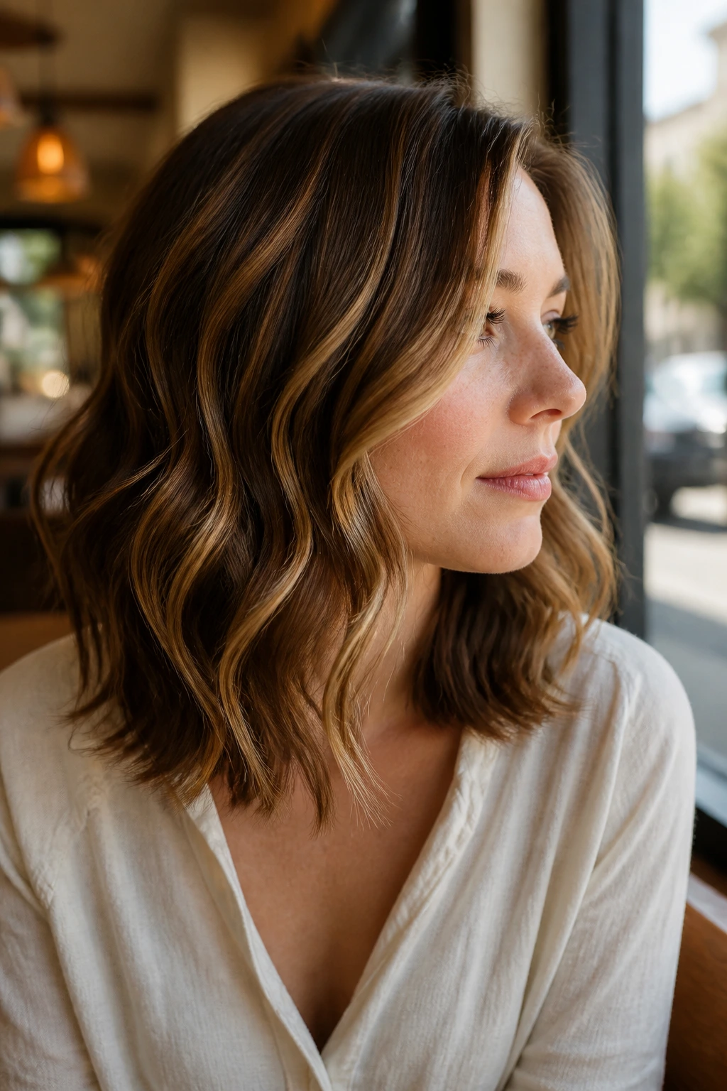 Close-up of shoulder-length wavy hair with sliced caramel highlights