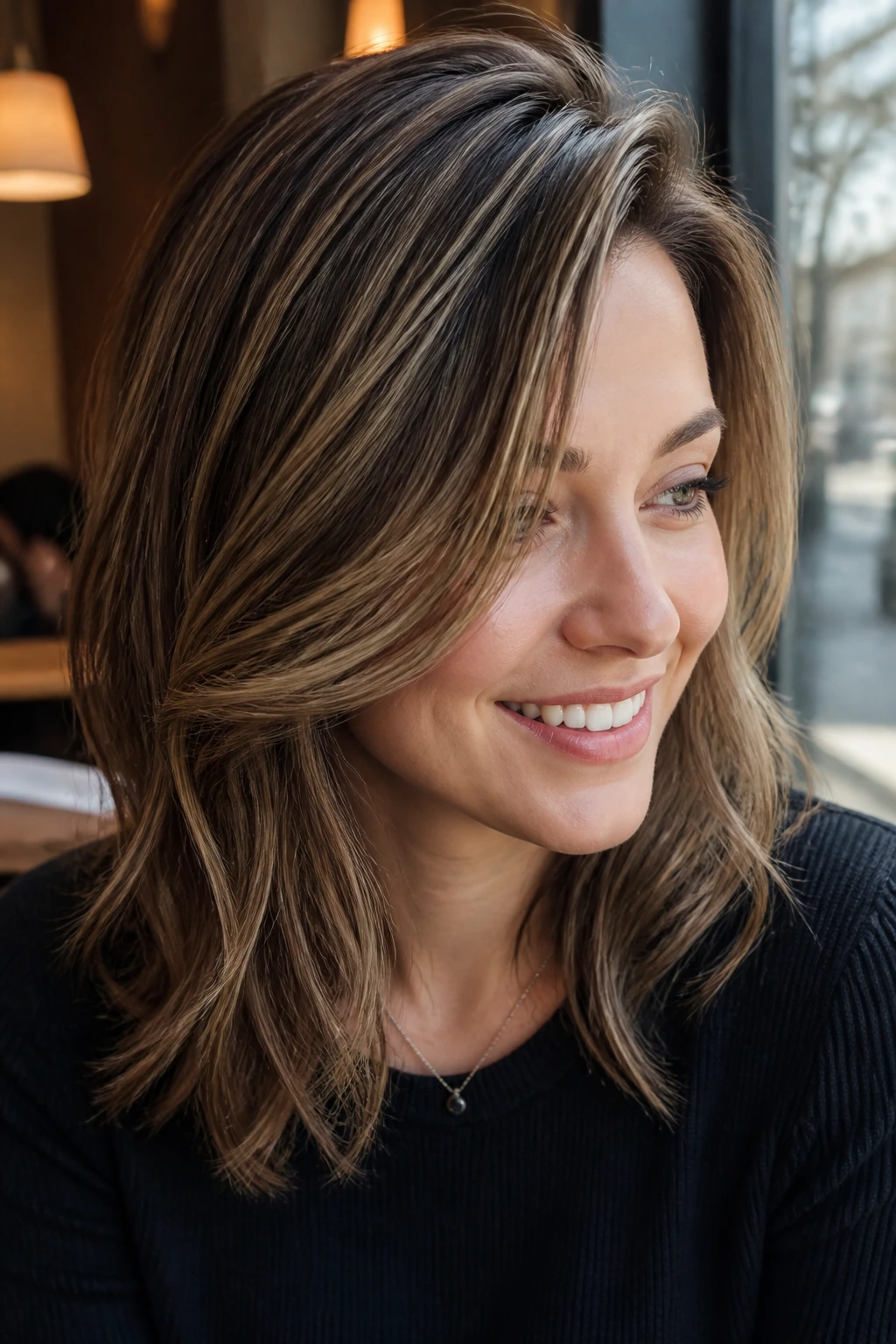 Close-up of hair with sliced caramel highlights along a deep side part under natural daylight