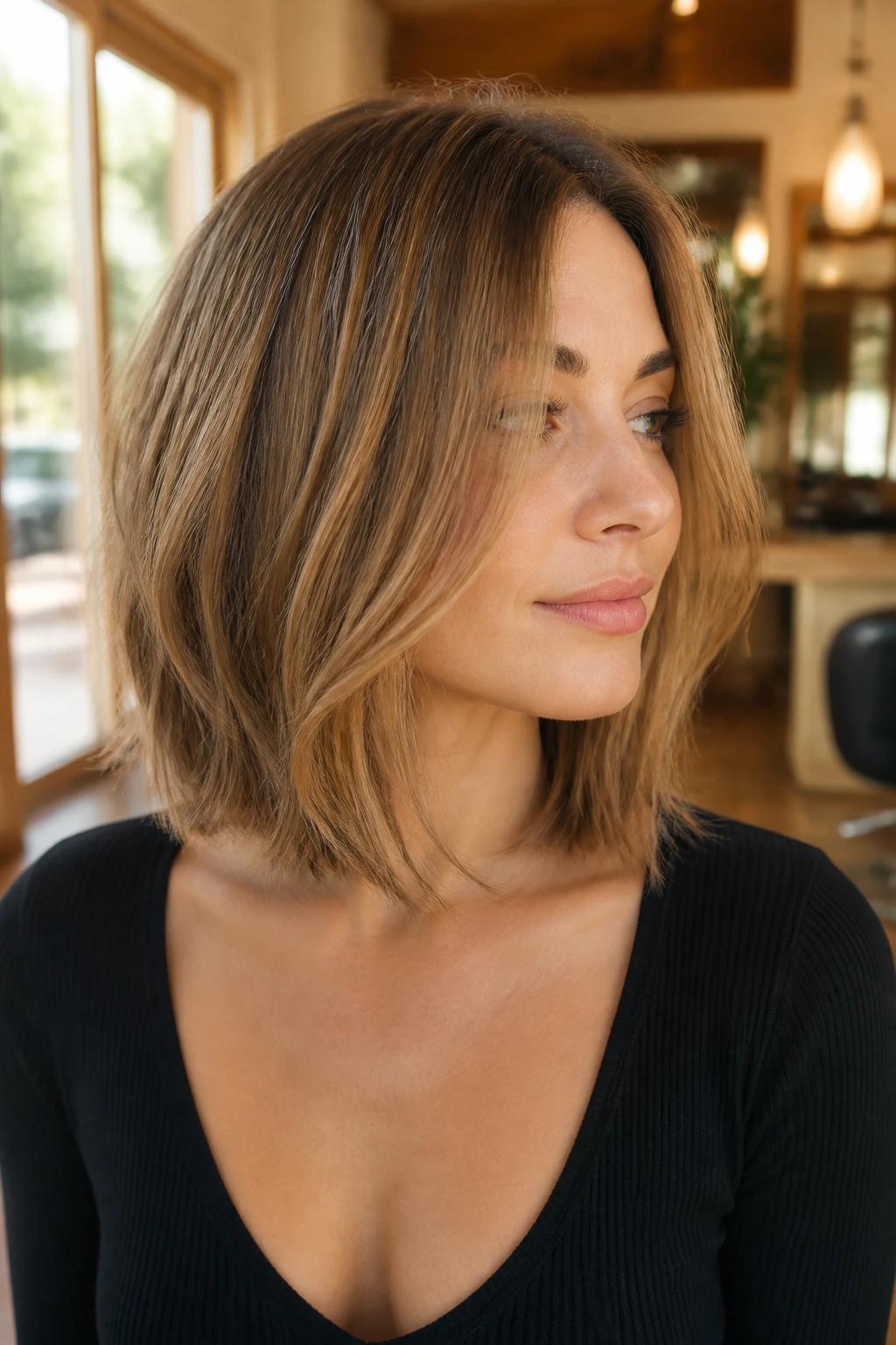 Close-up portrait of a real woman with a sliced-end lob and soft texture, warm natural light