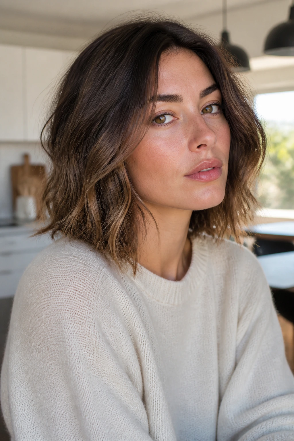 Close-up portrait of a real woman with sliced-ends long bob