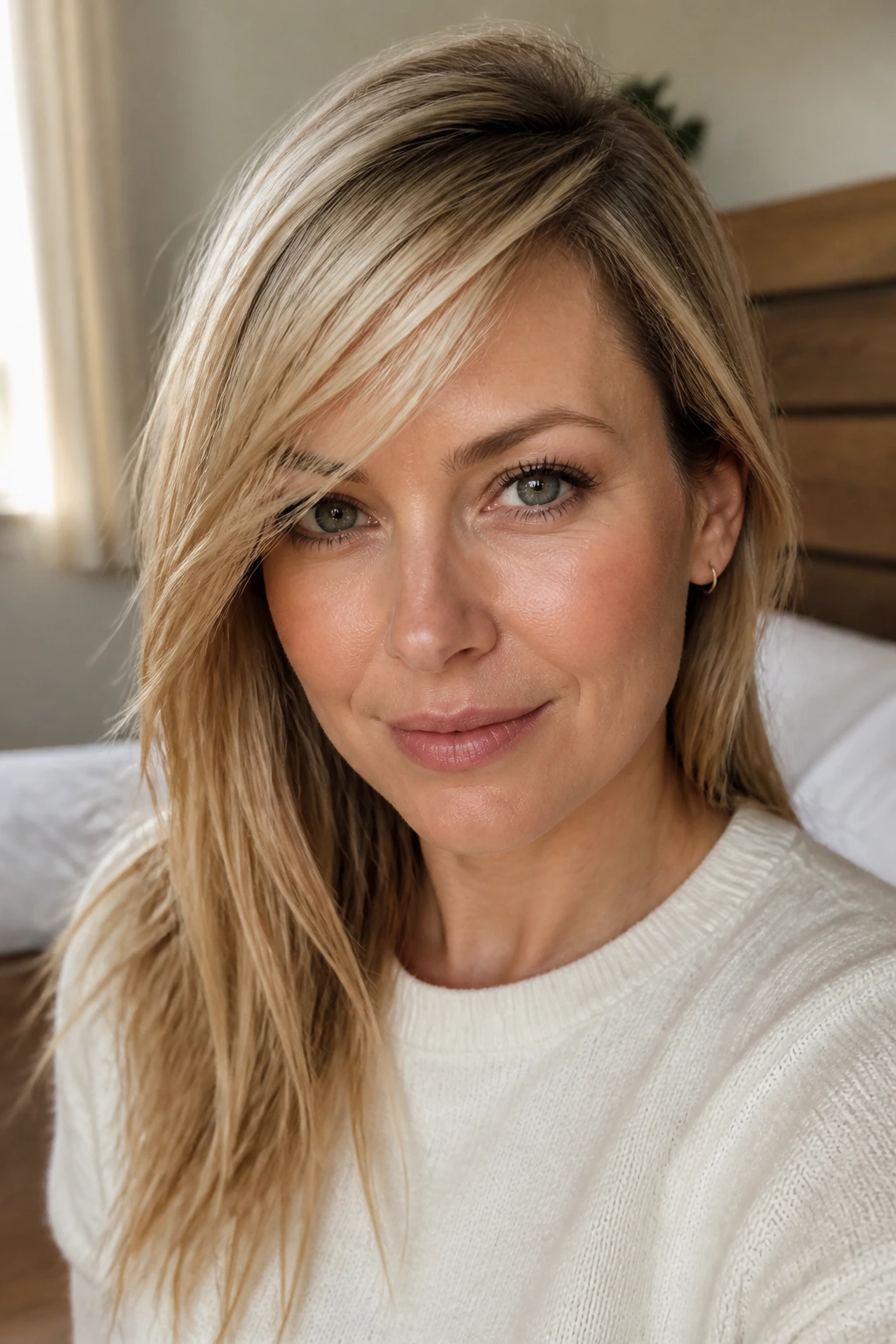 Close-up portrait of a real woman with sliced fringe and deep side part in warm natural light