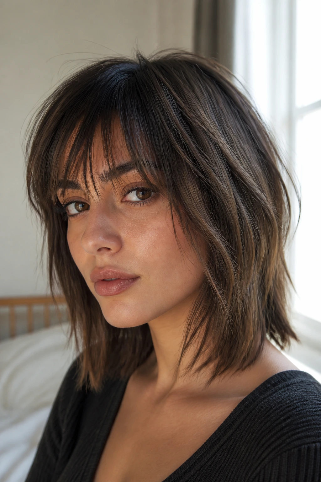 Close-up of a real woman with sliced fringe and heavy texture on medium-length hair in soft window light