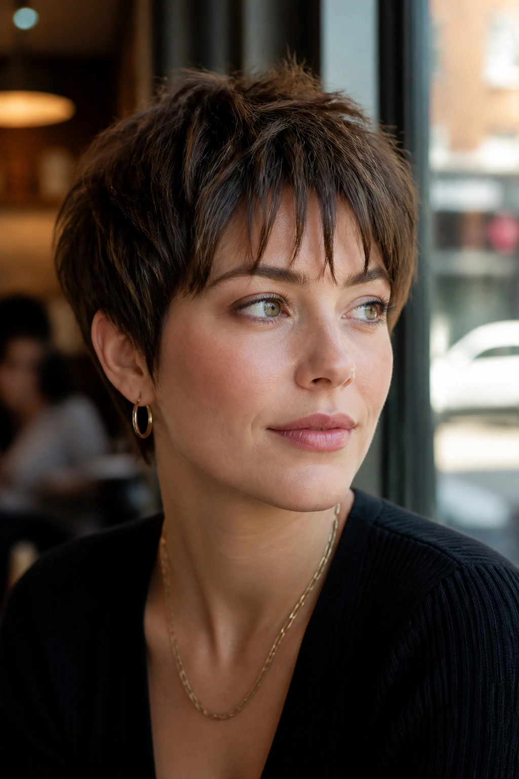 Close-up of a real woman with sliced fringe pixie showing separated fringe pieces