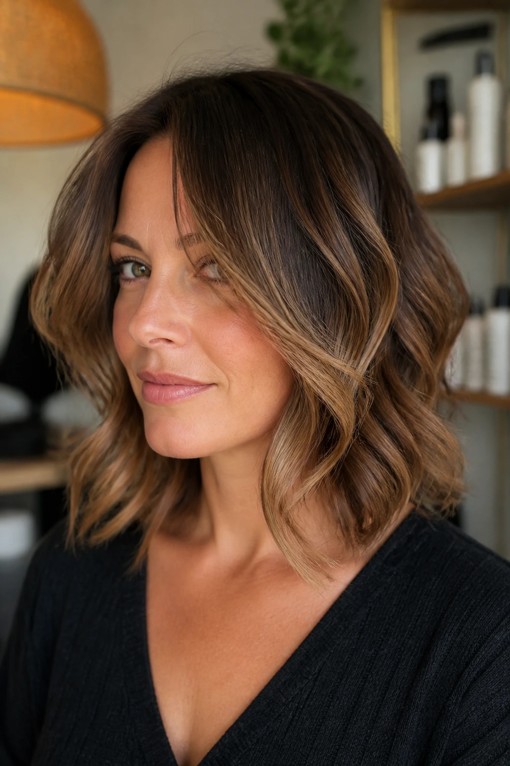 Portrait of a real woman with sliced-front midlength cut