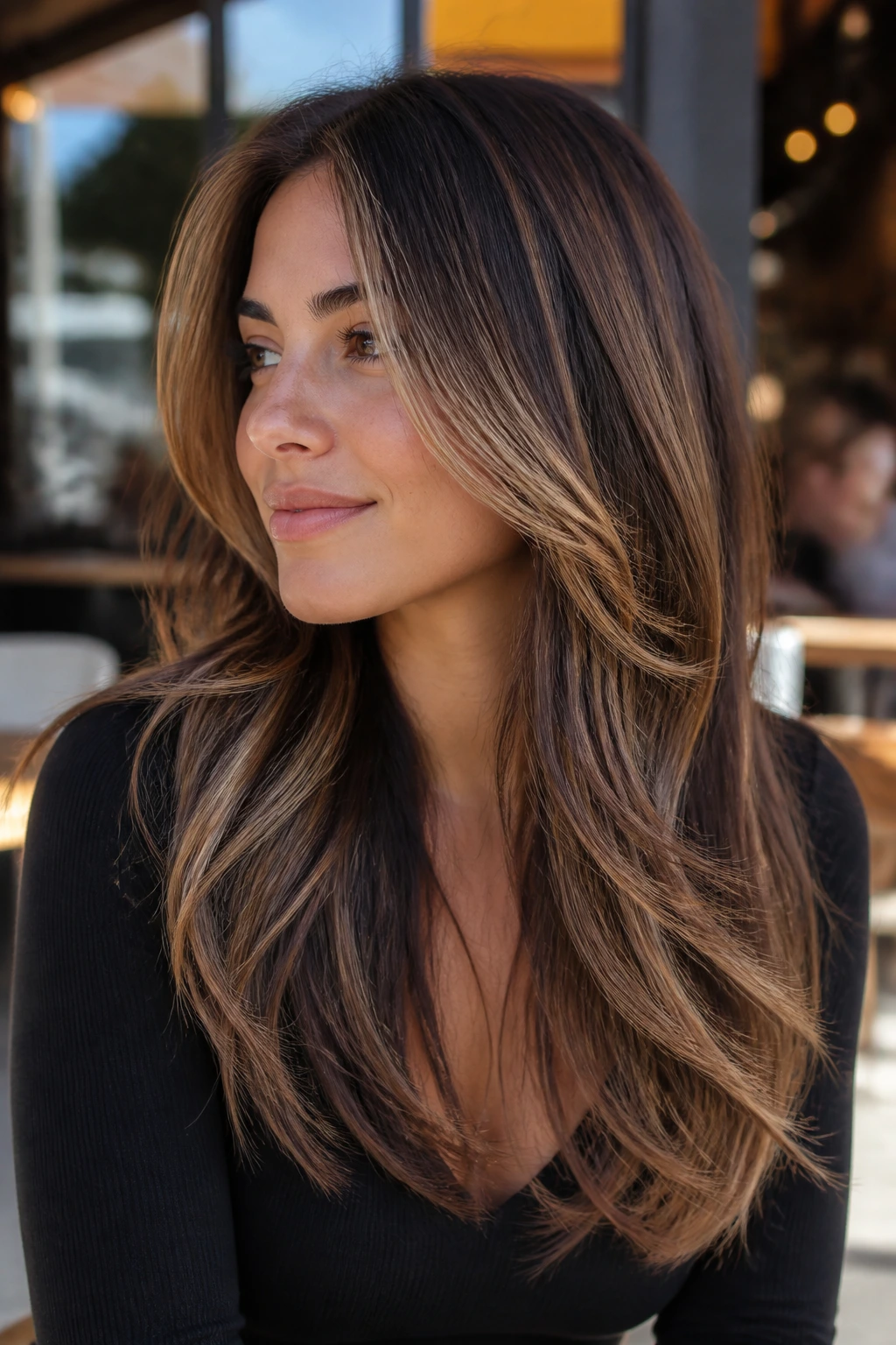Close-up portrait of a brunette with long layered hair and sliced caramel highlights.