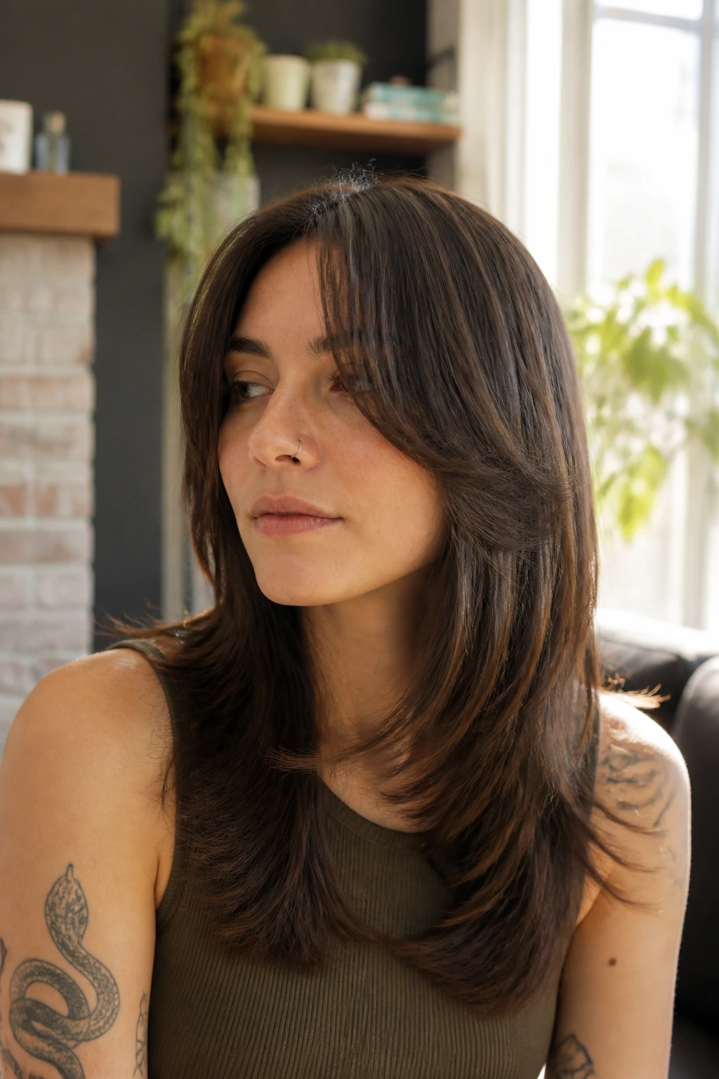 Close-up portrait of a real person with Sliced Layer Cut and curtain bangs