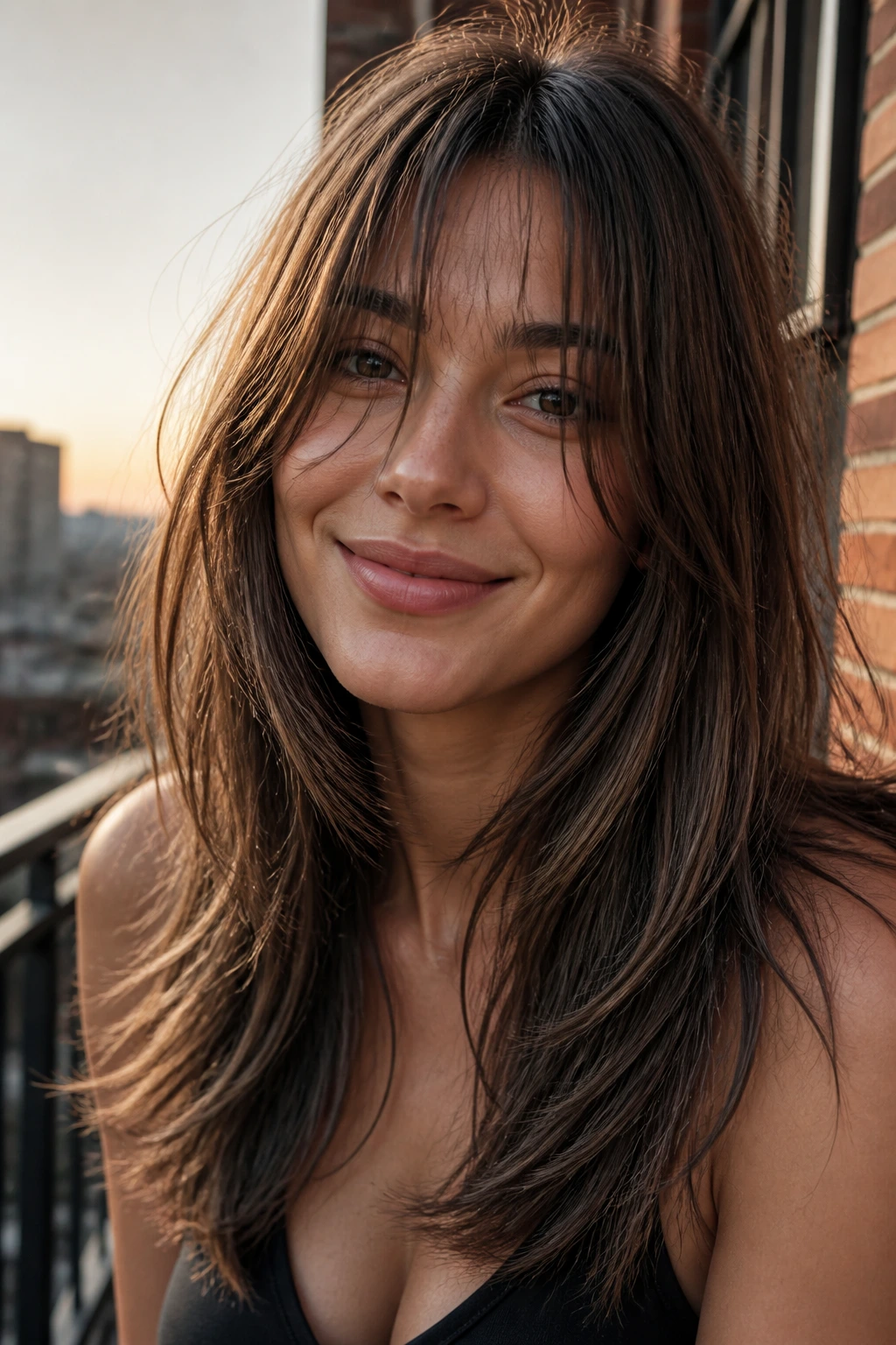 Real person with sliced layers and airy bangs in golden hour outdoor light