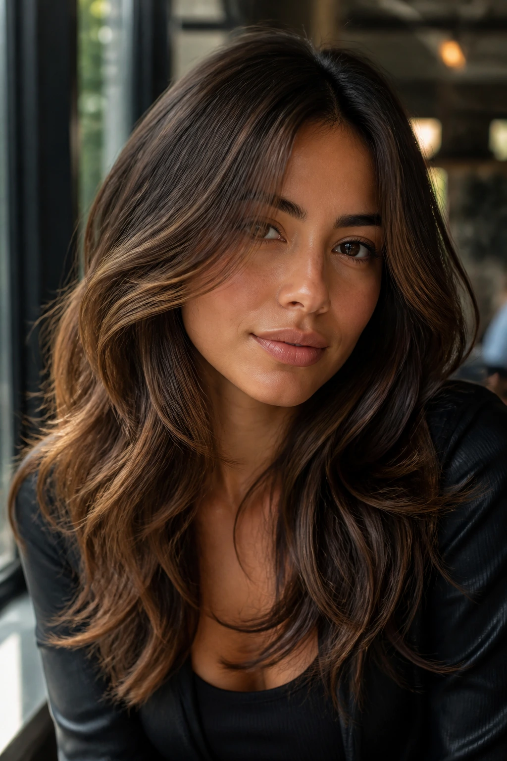Portrait of a woman with sliced wavy layers showing soft movement.