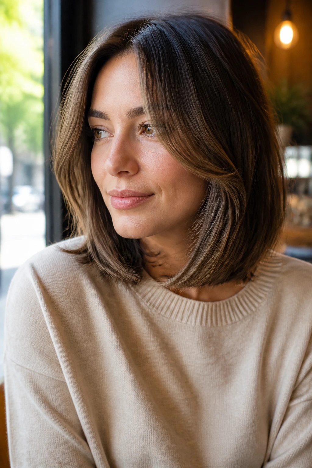 Portrait of a real woman with a sliced lob and face-framing pieces starting below the cheekbone