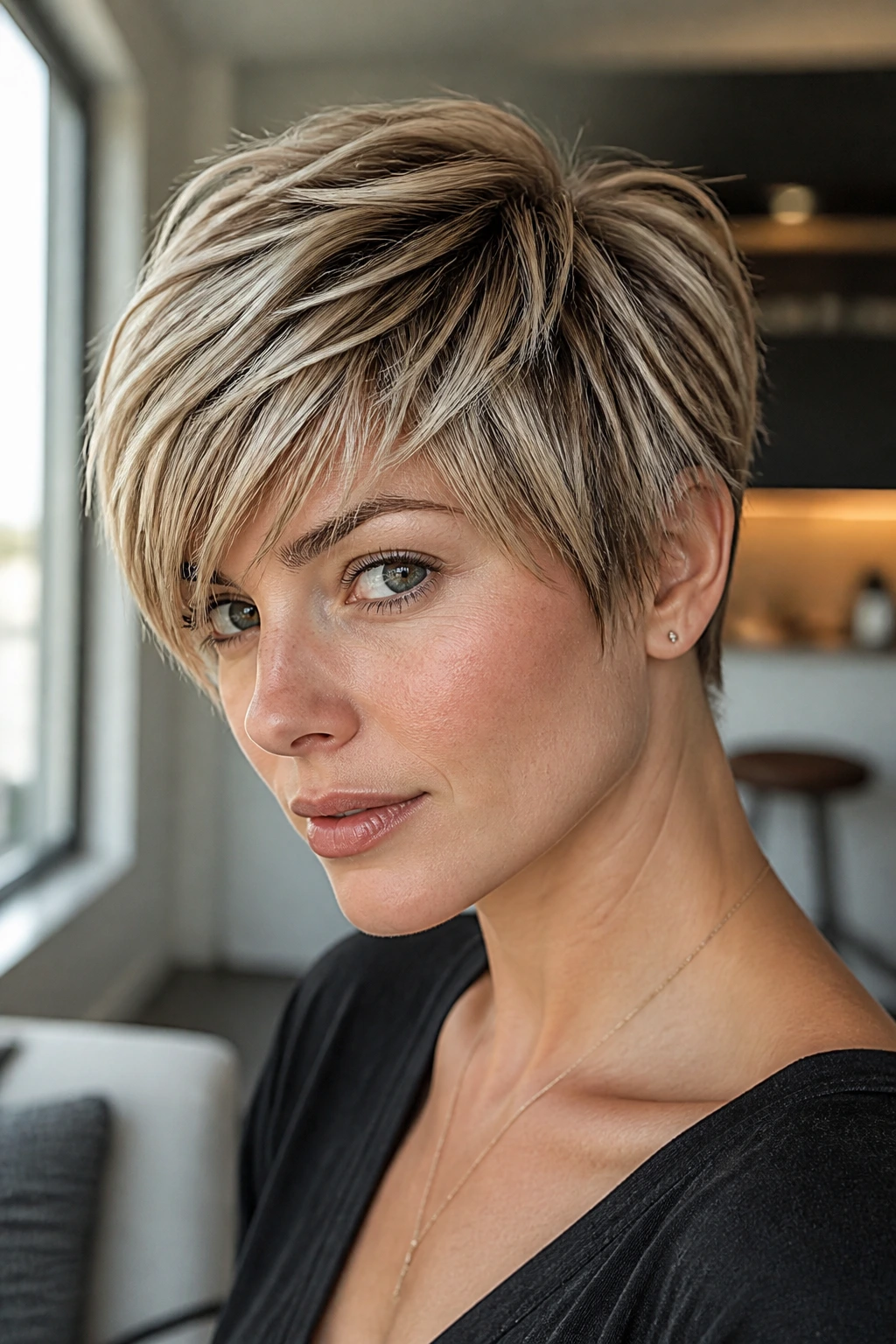 Close-up of a real woman with a sliced long pixie in window light