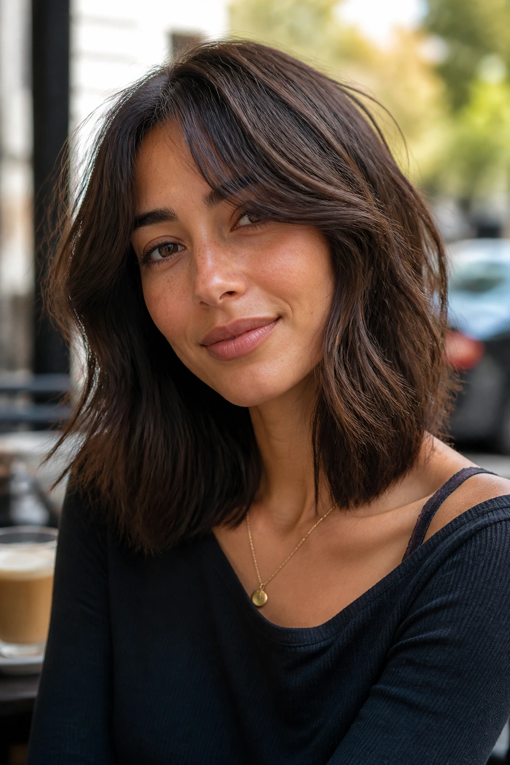 Real woman with sliced midi cut and airy ends in ash mocha brunette