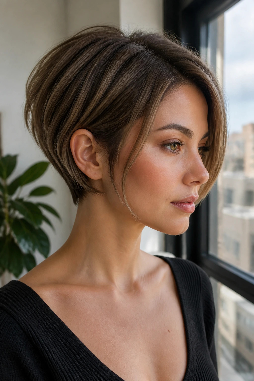 Close-up portrait of a real person with sliced pixie bob hairstyle